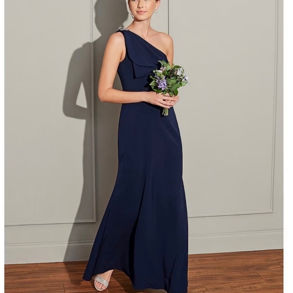 NWOT Eliza J Gown Asymmetrical Gown One Shoulder Navy w/ Crytals at Shoulder 18